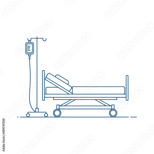 A simple line drawing depicts a hospital bed with an iv drip stand