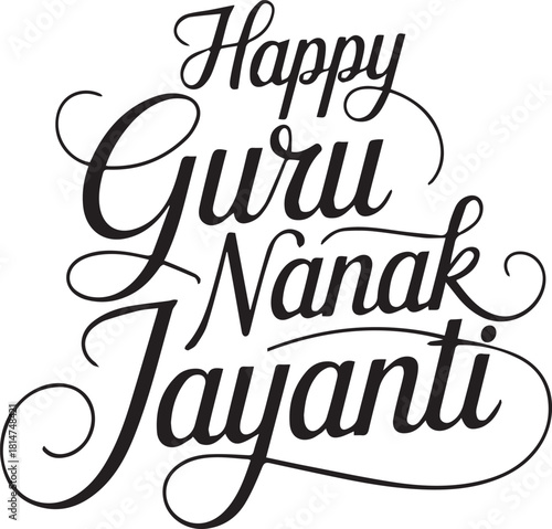Happy Guru Nanak Jayanti black calligraphy on white background text lettering