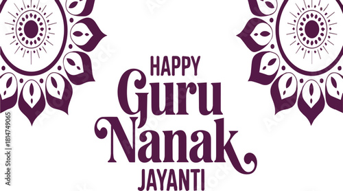 Happy Guru Nanak Jayanti text with decorative floral elements India Sikhism