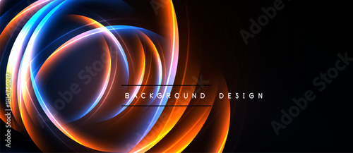 Abstract glowing lines create dynamic energy. Orange, blue hues blend, forming circular patterns against dark backdrop. Modern design element.