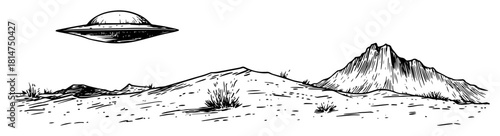 ufo over mountain landscape hand drawn sketch
