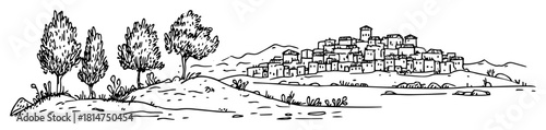 hilltop village landscape hand drawn sketch