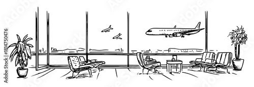 airport lounge interior with airplane sketch