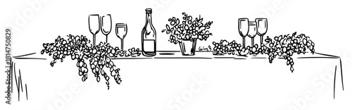 wedding table with wine and flowers hand drawn sketch