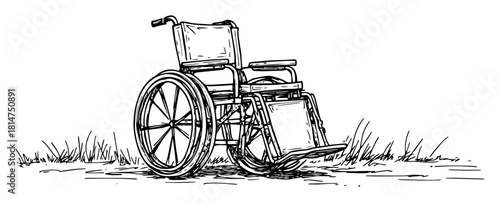 manual wheelchair on grass hand drawn sketch