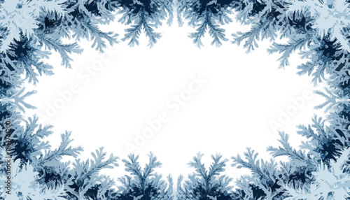Frosty blue frame with delicate snowflakes on white background  