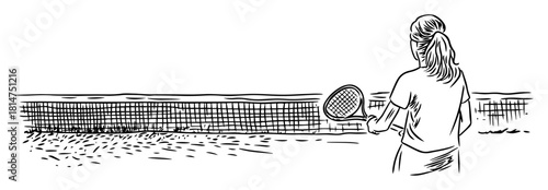 tennis player woman on court hand drawn sketch
