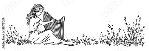 woman playing harp in nature hand drawn sketch