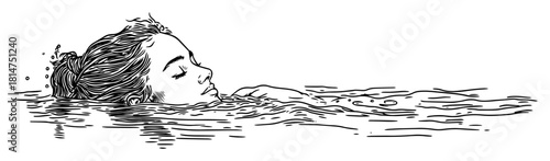 woman swimming in water hand drawn sketch