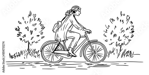 woman riding bicycle hand drawn sketch