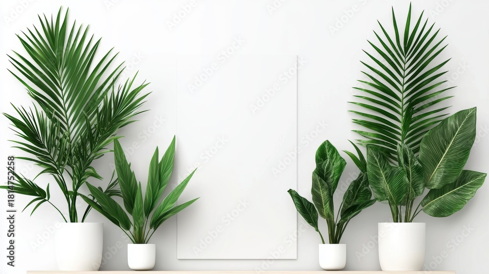 Fototapeta premium A white wall with two potted plants and a blank canvas.