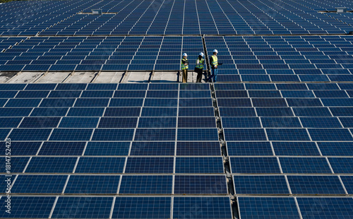 Solar farm engineers inspecting renewable energy panels
