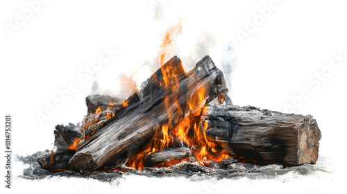 Vibrant campfire with burning logs, orange and red flames, smoke, and glowing embers, isolated on white