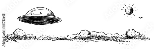ufo flying over landscape sketch