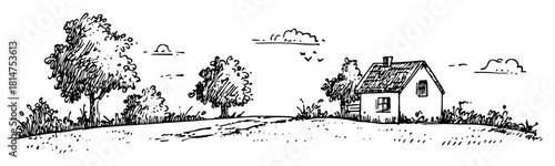 countryside house with trees sketch