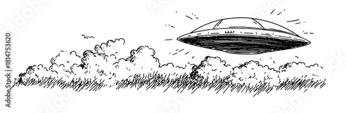 ufo hovering above bushes hand drawn