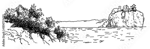 coastal cliff and sea hand drawn landscape