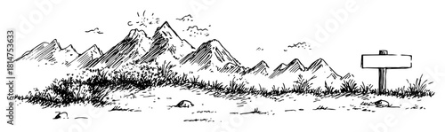 mountain landscape with sun and signpost