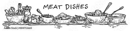 meat dishes food sketch with text