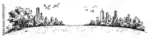 city skyline with trees and flying birds sketch