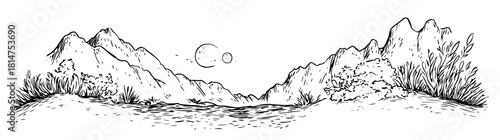 mountain landscape with moon and vegetation sketch