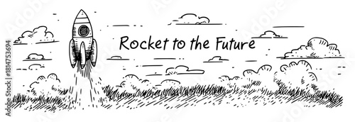 rocket launch with clouds and future text