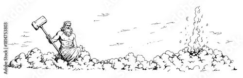 mythical god with hammer on cloud illustration