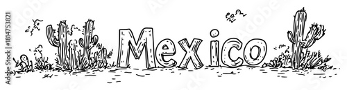 mexico typography with desert plants sketch