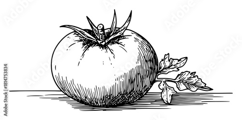 single tomato with leaf sketch illustration