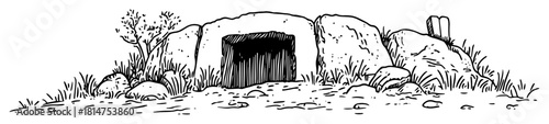 stone tomb entrance with vegetation sketch