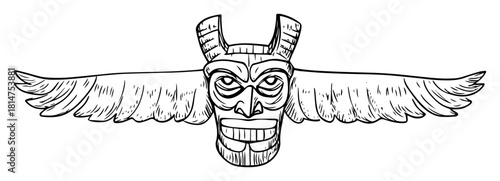 tiki mask with tribal wings sketch