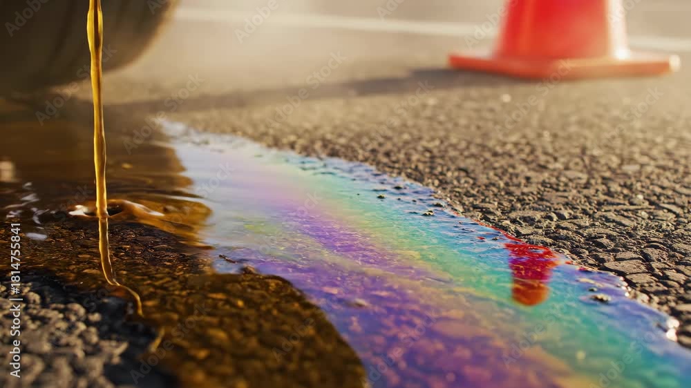 Vehicle oil leak shown with rainbow sheen on asphalt road, alongside