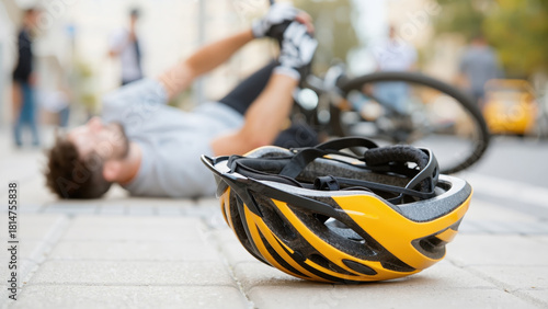 close up of a yellow bike helmet lying on the pavement with a fallen cyclist blurred in the background after an accident in the city
