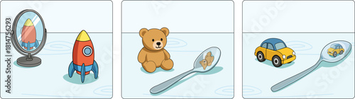 Curved Mirror Reflections – Concave and Convex with Spoon and Mirror, Vector Illustration