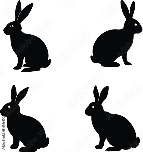 Solid black silhouette of a rabbit sitting with long ears, simple minimal vector clip art, isolated on transparent background. Cute animal symbol.