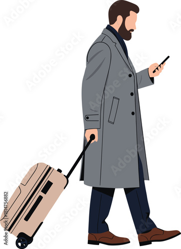 Businessman traveler walking with suitcase using smartphone, wearing grey overcoat, airport passenger concept, cad drawing flat vector illustration