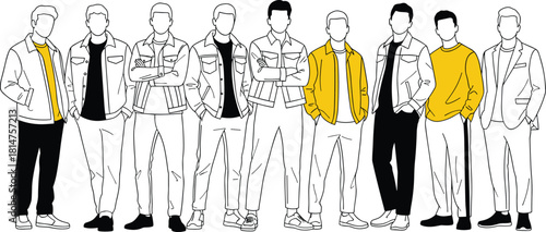 Group of young men standing wearing stylish casual outfits, jackets and sweaters, fashion models set, cad drawing flat vector illustration