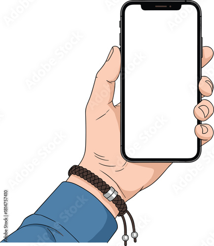 Male hand holding smartphone with blank white screen for mockup, man wearing leather bracelet, cad drawing flat vector illustration