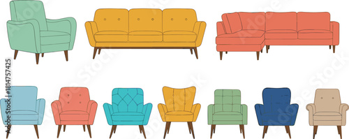 Set of colorful modern living room furniture, sofas and armchairs collection, interior design elements, cad drawing flat vector illustration