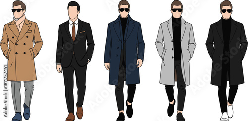 Set of elegant men wearing winter coats and suits, walking businessmen fashion models, cad drawing flat vector illustration