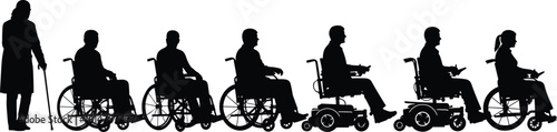 Silhouettes of people with disabilities, manual and electric wheelchairs, walking with cane, accessibility concept, cad drawing flat vector illustration