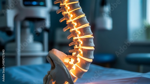 Lumbar spine model with glowing vertebrae on a medical table