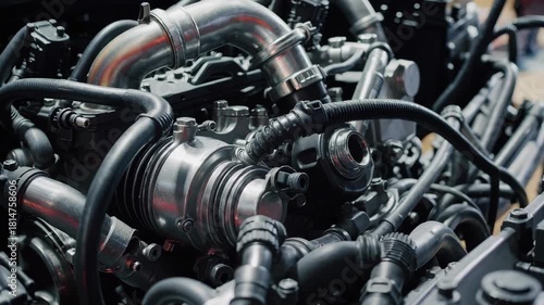 High detail automotive engine close up showing complex metallic pipes hoses and mechanical components creating industrial engineering performance concept