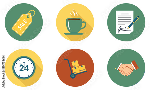 Flat Design Business and Service Icon Set - Sales, E-commerce, Delivery, and Contract Agreement