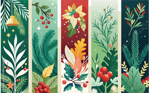 Celebrate the season with these botanical holiday banners for festive invitations and cheerful greeting cards featuring festive leaves and berries, originally designed as vector art