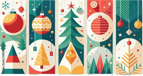 Modern Christmas cheer with vibrant ornaments and trees, festive holiday spirit for card designs, playful seasonal celebrations, joyful winter holiday decorations