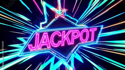Vibrant neon jackpot sign exploding with colorful dynamic light streaks representing luck winning excitement and energetic casino celebration theme