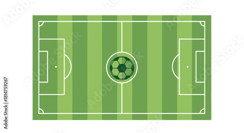 An overhead view of a green soccer field with a soccer ball