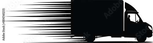 Rapid delivery truck silhouette with speed lines, symbolizing fast shipping and logistics service