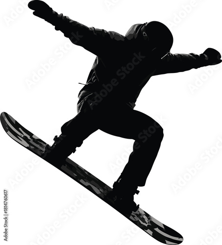 Silhouette of a snowboarder performing a jump, capturing dynamic action of winter sports